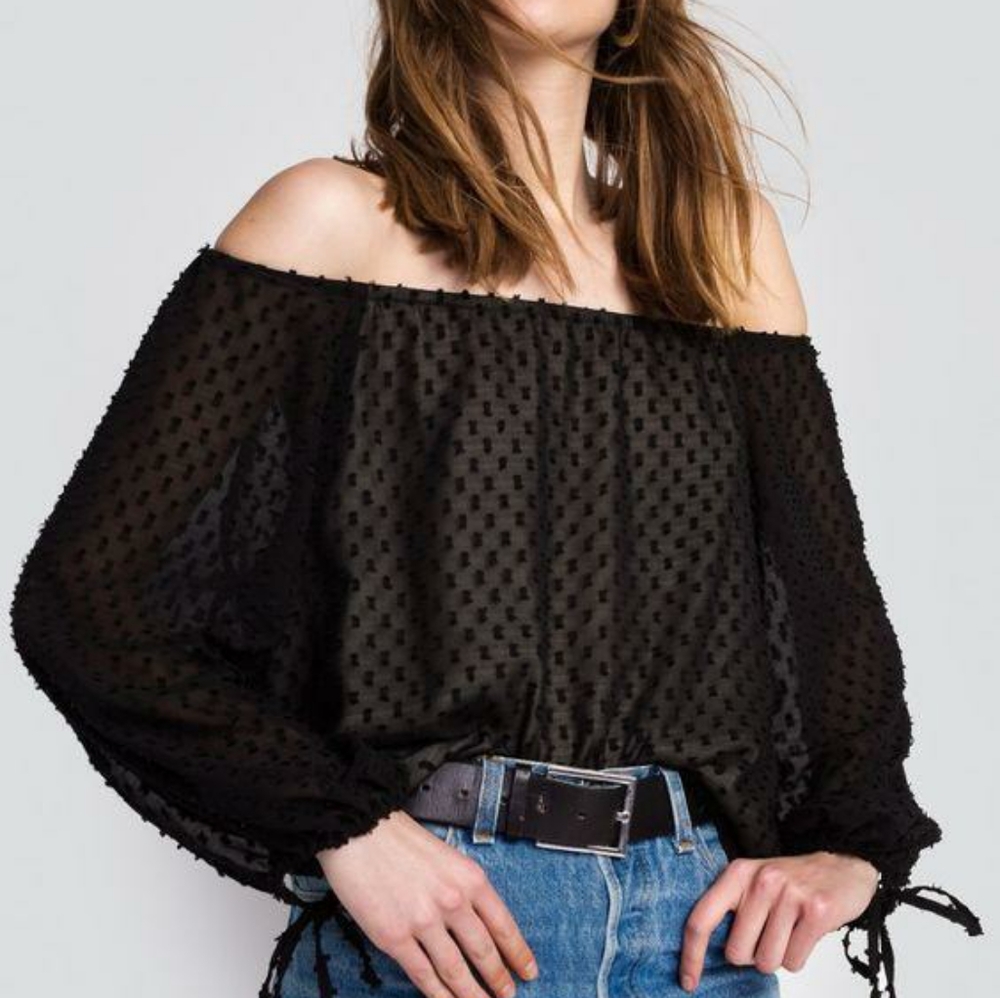 WildFox Black Miami Dot Mariette Off Shoulder Top